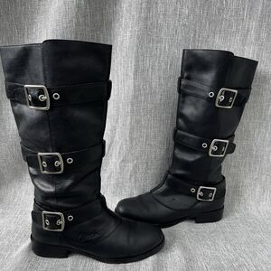 Coach Jordan Black Leather Moto Biker Boots Multi Buckle Tall Riding Boot 8.5 B